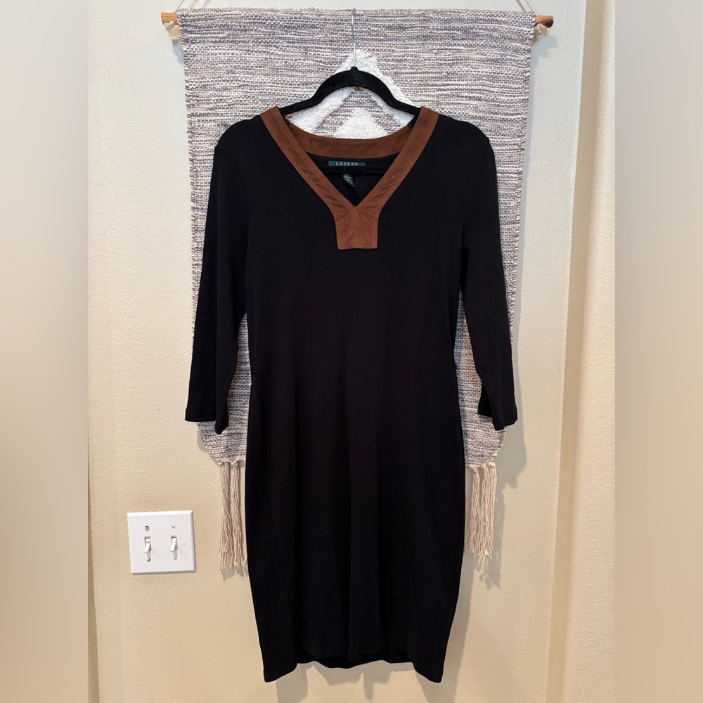 Ralph Lauren Black and Brown Sheath Dress V-Neck 3/4 Sleeve